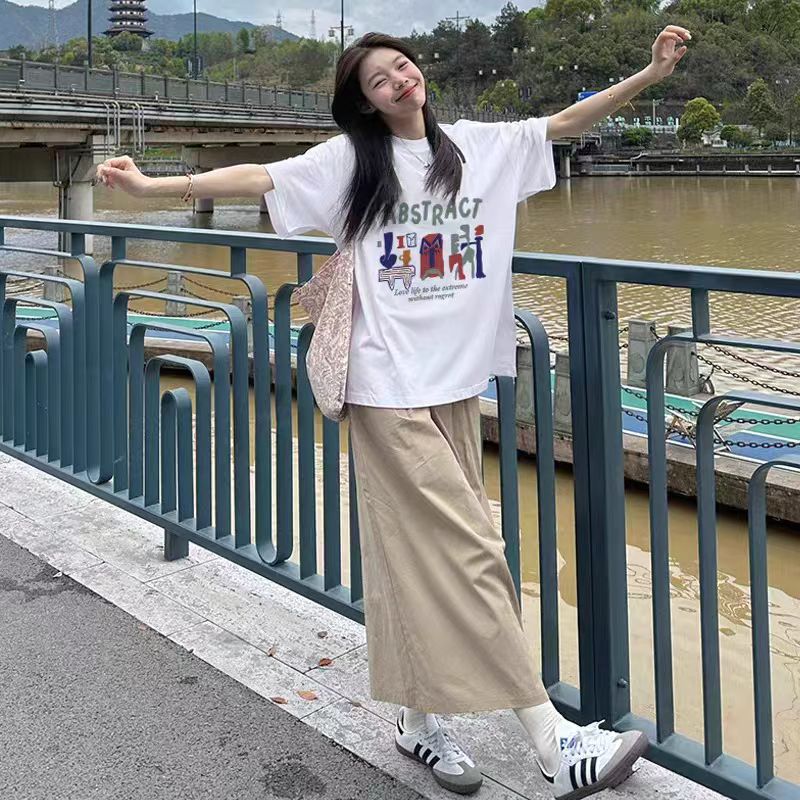 200g combed and tight spun in 2025, pure cotton back bag strip, spring and summer loose shoulder printed short-sleeved T-shirt