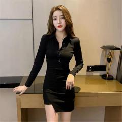 3215# Fashionable temperament lapel slim slim dress with irregular design sense of long sleeve hip-covered mid-length T-shirt skirt