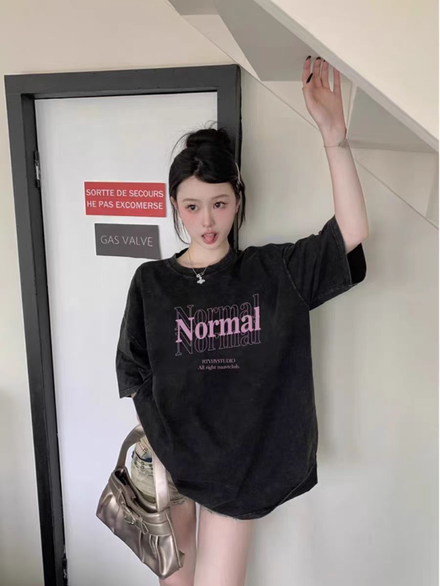 230g pure cotton collar, spring and summer American retro loose large size top printed washing and old short-sleeved T-shirt