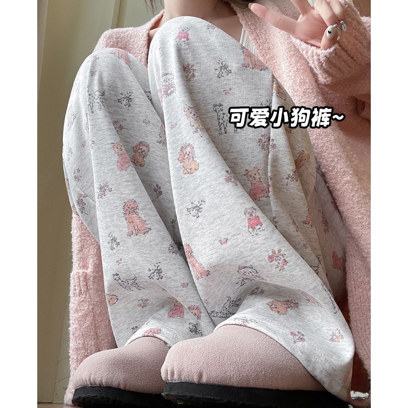 Pure cotton Chinese cotton sports pants for women in spring and autumn 2025 new high waist droop printing casual wide-leg pants