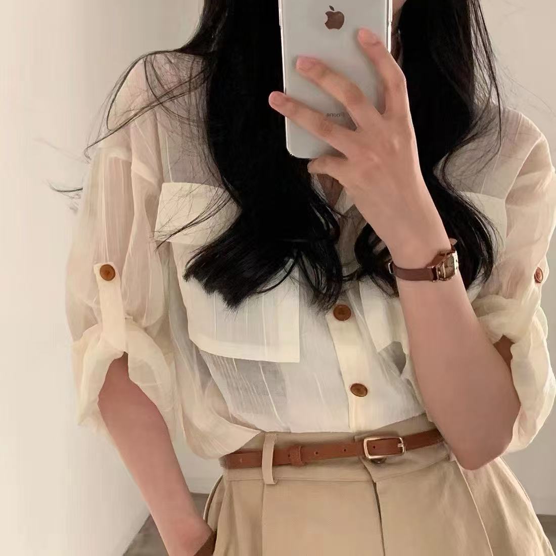 Korean chic summer new retro commuter suit collar roll-up sleeve shirt women loose pocket shirt