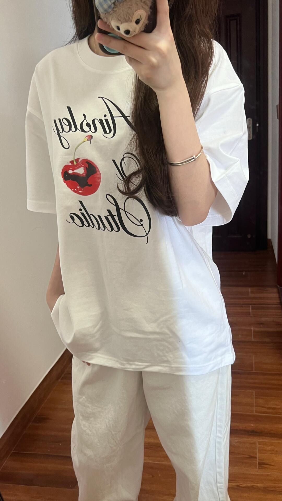 200g combed and tight spun in 2025, pure cotton back bag strip, spring and summer loose shoulder printed short-sleeved T-shirt