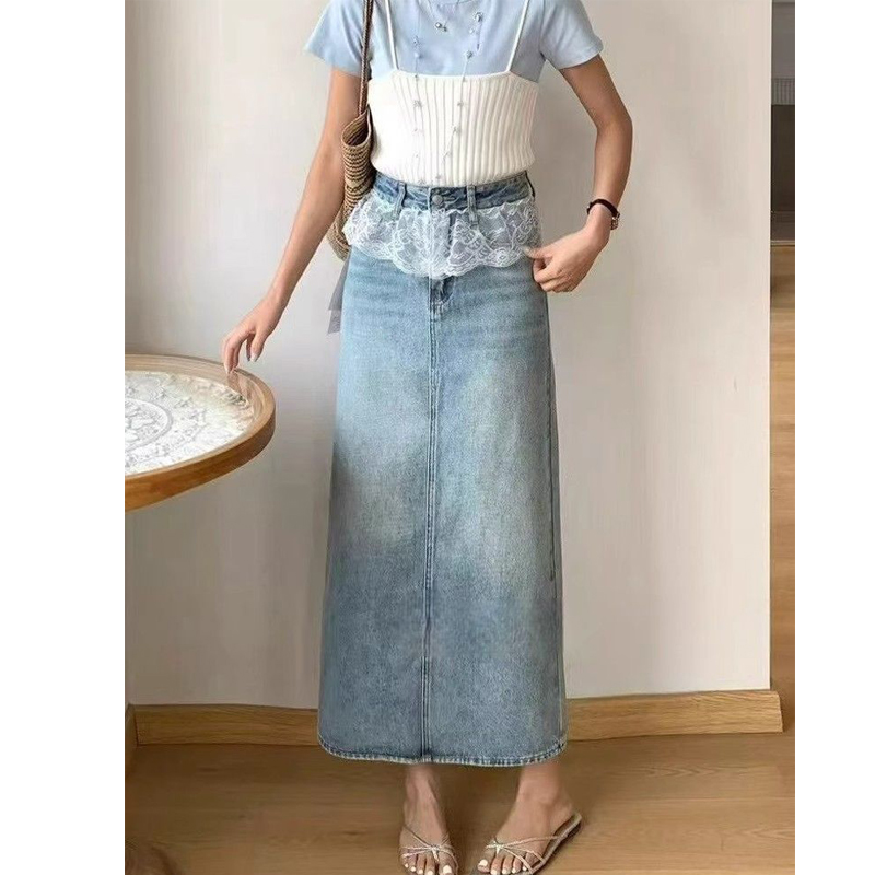 French high-end lace spliced ​​denim skirt for women in spring new fashionable style A-line mid-length skirt