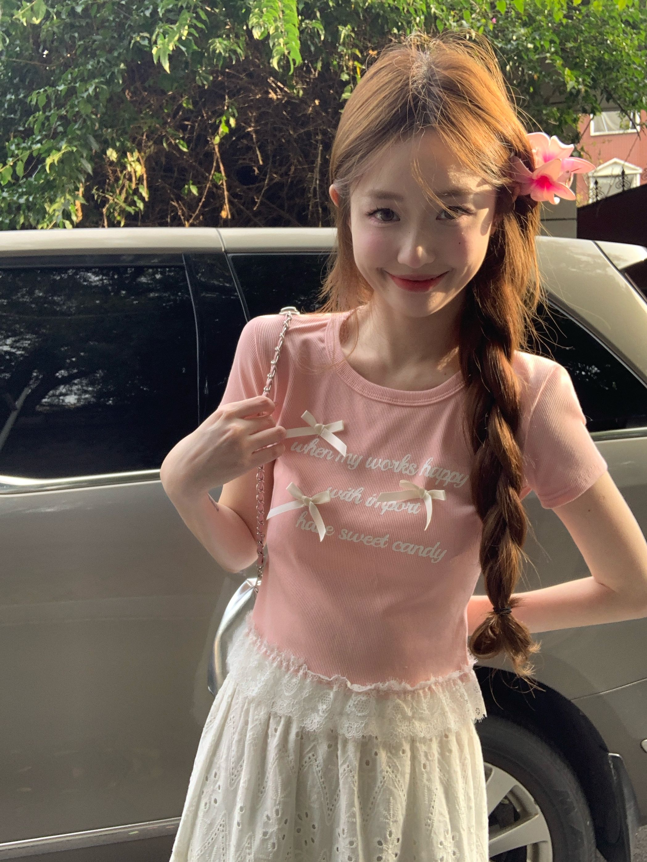 Real photo of women's short-sleeved T-shirt with bows and short slim and slim body 2025 summer new pure sweet girl hot girl short slim body styling