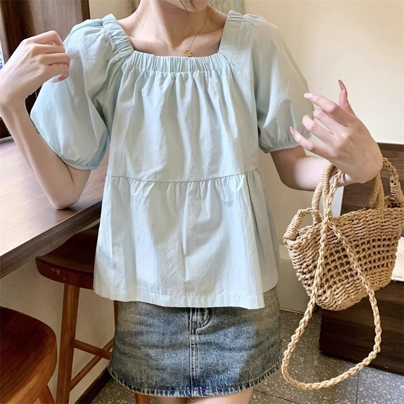 Japanese blue square collar puff sleeve doll shirt top for women in summer small short-sleeved shirt French chic shirt