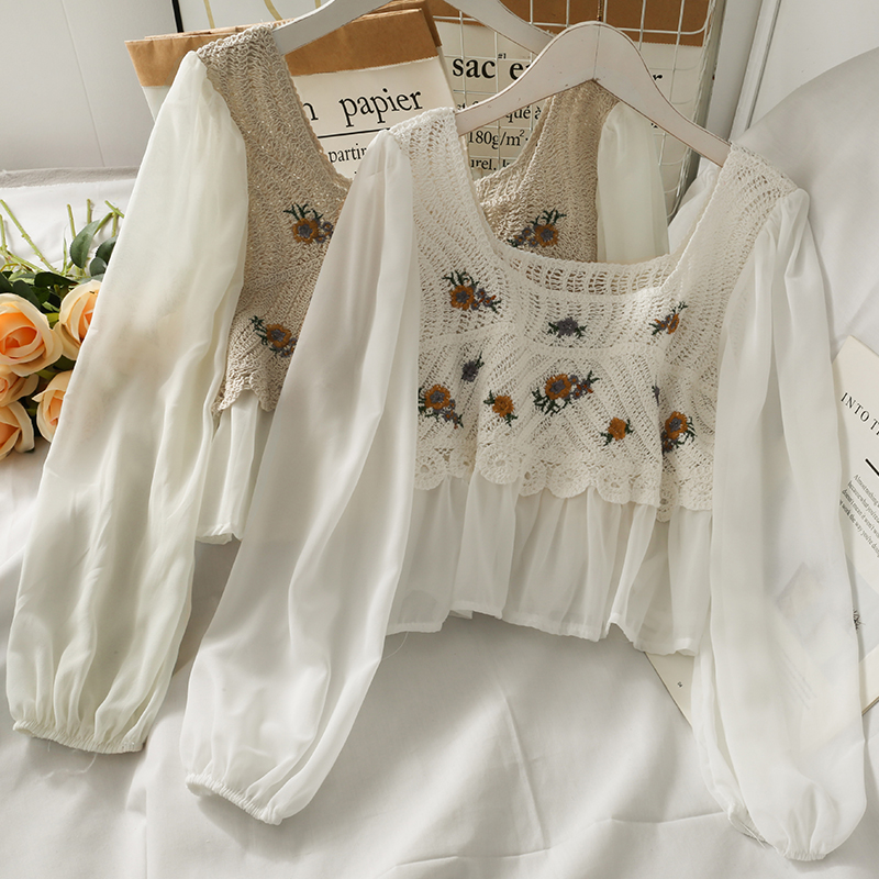New Korean version of chic design sense hollow crochet knitted splicing shirt long sleeve top square collar versatile