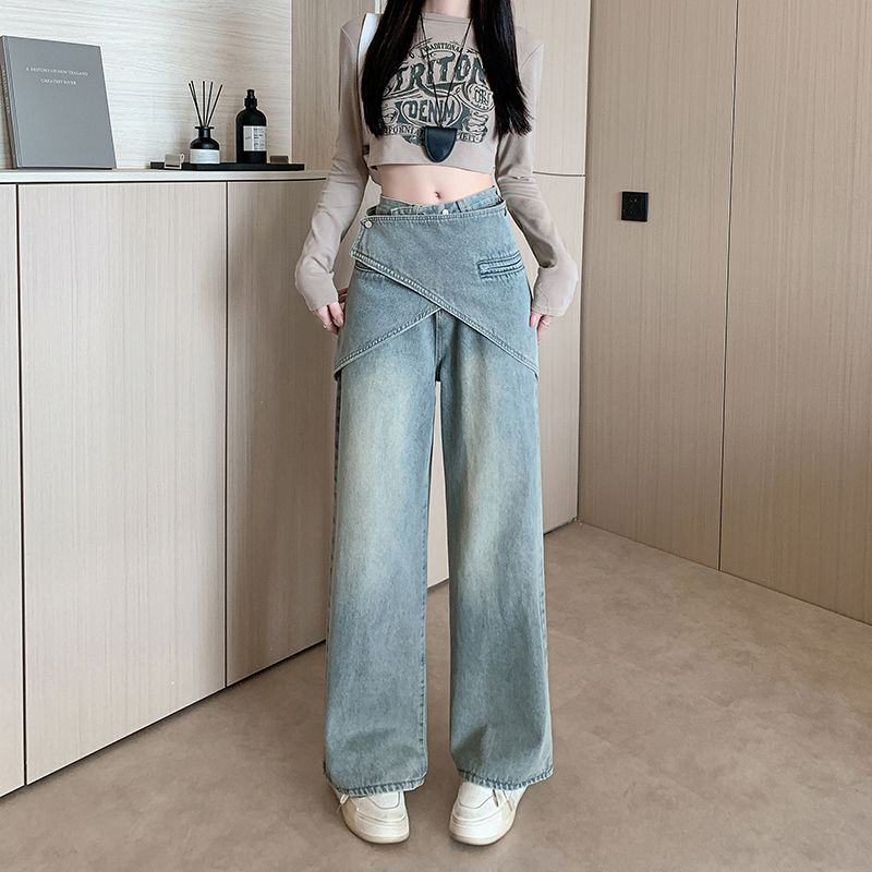 Real shot~ irregular retro wide-leg pants jeans women's design feel fake two high-waist loose straight pants