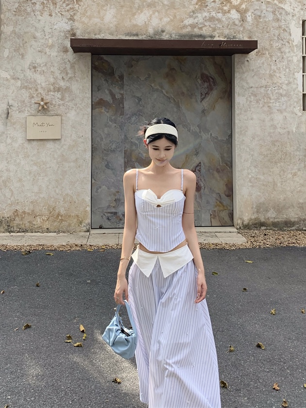 實拍 設計感氣質條紋拼接抹胸背心女重工釘珠高腰大擺兩件套