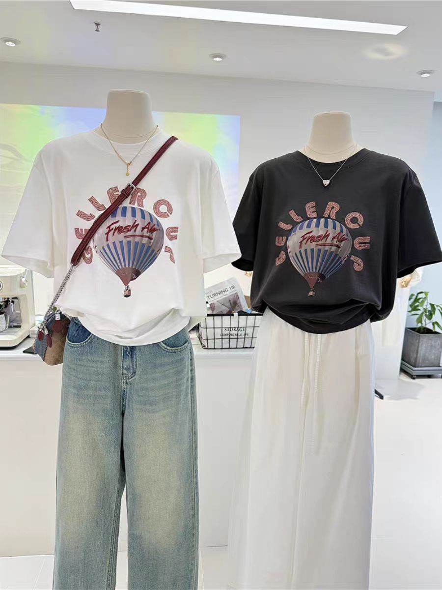 200g combed and tight-fitting sprinkler, pure cotton backpack, spring and summer loose shoulder printed short-sleeved T-shirt