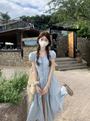 Real shot~ plaid colorful button dress with new summer French temperament short-sleeved long skirt A-line skirt