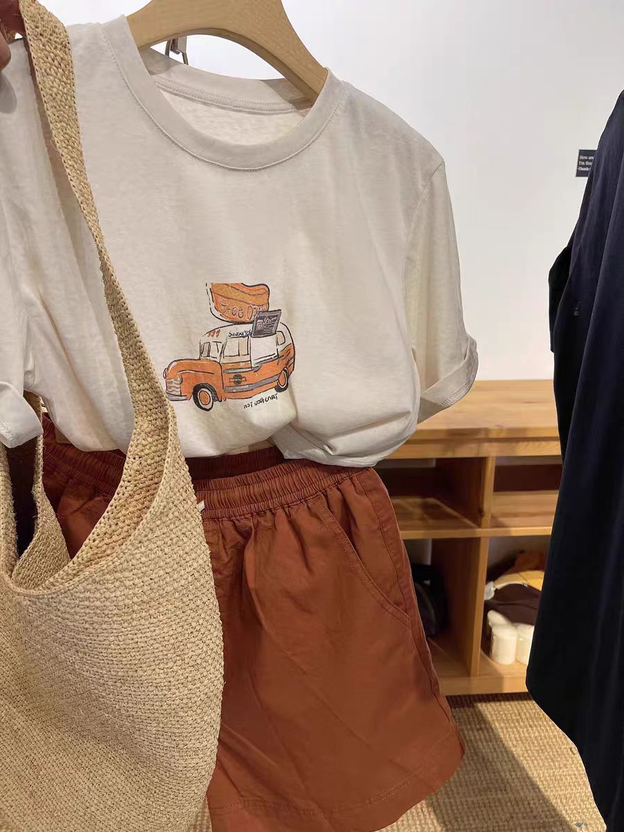 200g combed and tight spun in 2025, pure cotton back bag strip, spring and summer loose shoulder printed short-sleeved T-shirt