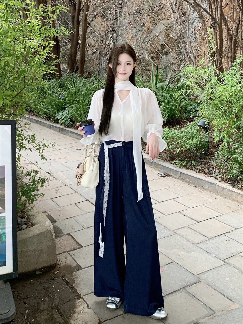 Real shot French temperament white streamer V-neck flared sleeve shirt for women lace lace high waist wide-leg pants suit