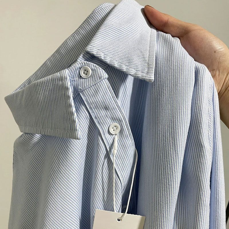 Pinstripe summer blue shirt long sleeve 2025 design sense niche loose versatile shirt base top for women