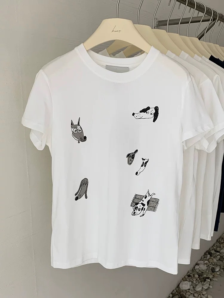 2025 printed front shoulder short-sleeved T-shirt for women in summer new niche American pure cotton slim T-shirt top