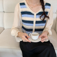 Spring new sweet hook flower hollow design sense college style shirt women's chic small short knitted sweater