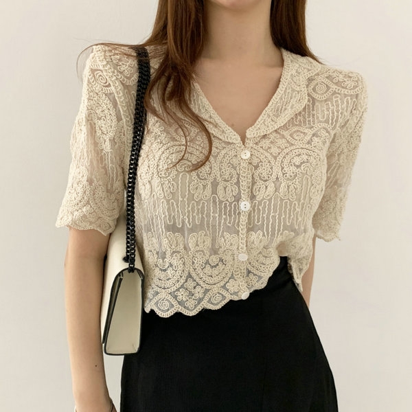 Korean embroidery woven hook flower blouse lace short top for women summer hollow small lapel short sleeve shirt trend