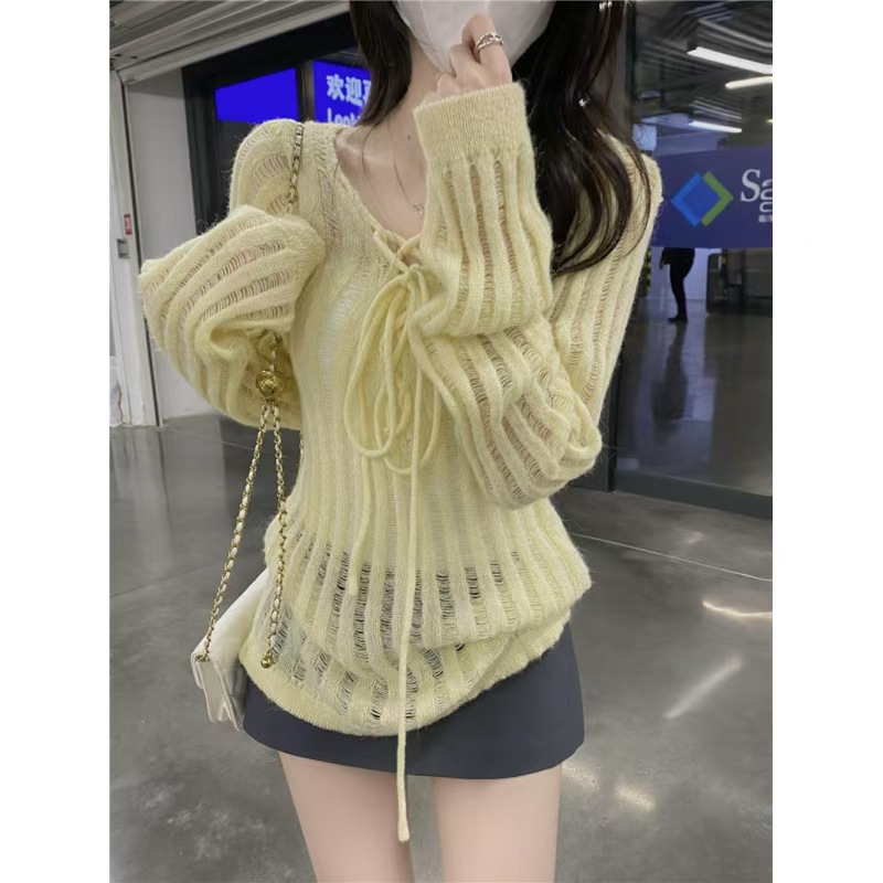 Lazy style hollow design v-neck long-sleeved sweater for women in spring Korean loose casual pullover sunscreen