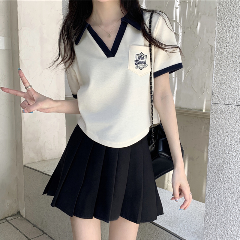Large size fat MM short-sleeved T-shirt for women hot girls new summer college style shoulder niche polo collar top trendy