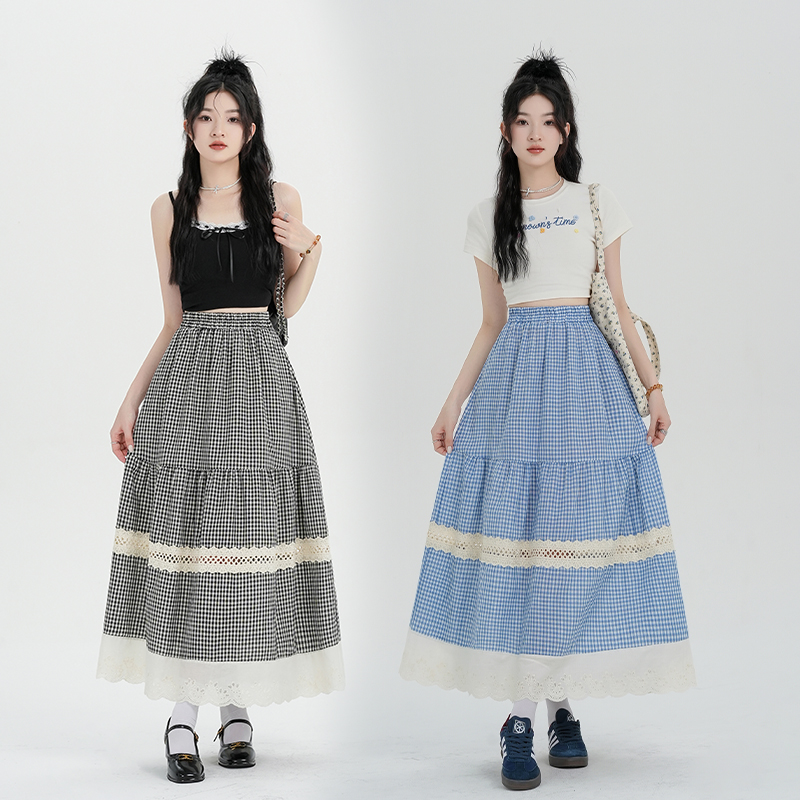 Real shot of Korean version retro lace splicing plaid cake skirt for women with high waist slim skirt with large A-line skirt