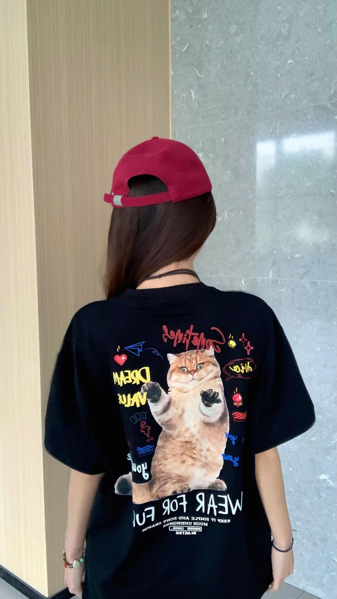 200g combed and tight spun in 2025, pure cotton back bag strip, spring and summer loose shoulder printed short-sleeved T-shirt