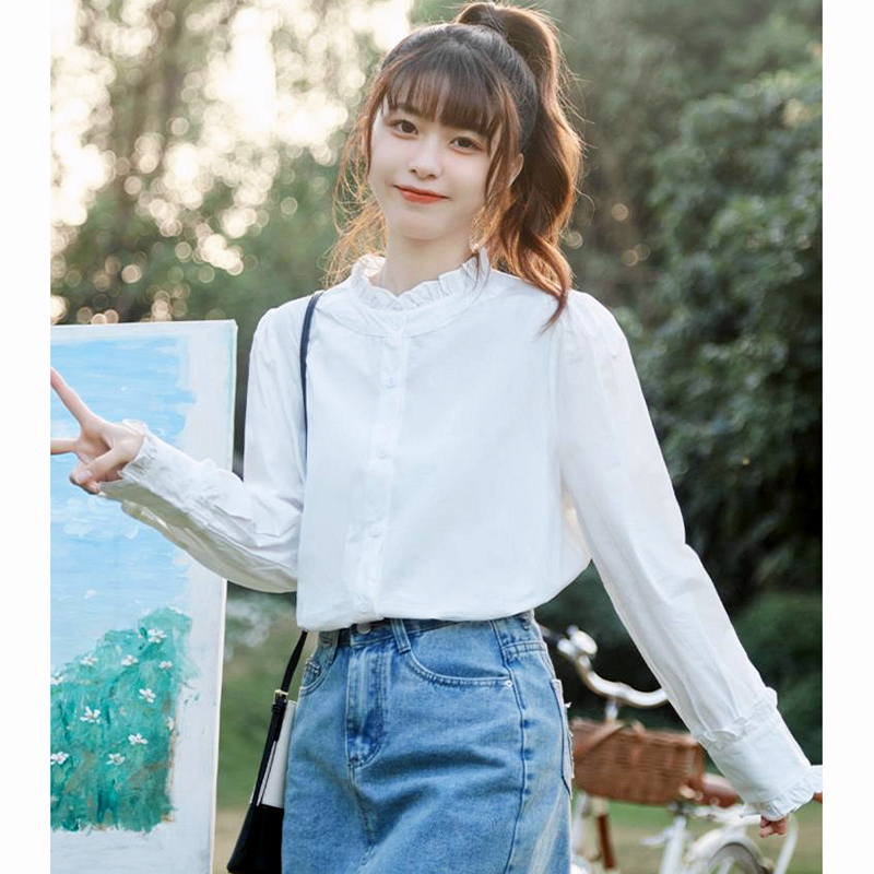 White French Spring New Style Shirt Loose Stand Collar Women's Lazy Style Shirt Wood Ears Pure Long Sleeve Top