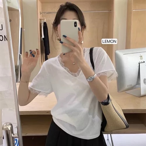 夏裝大碼女裝法式氣質蕾絲花邊v領正肩短袖t恤寬鬆上衣M-4XL200斤