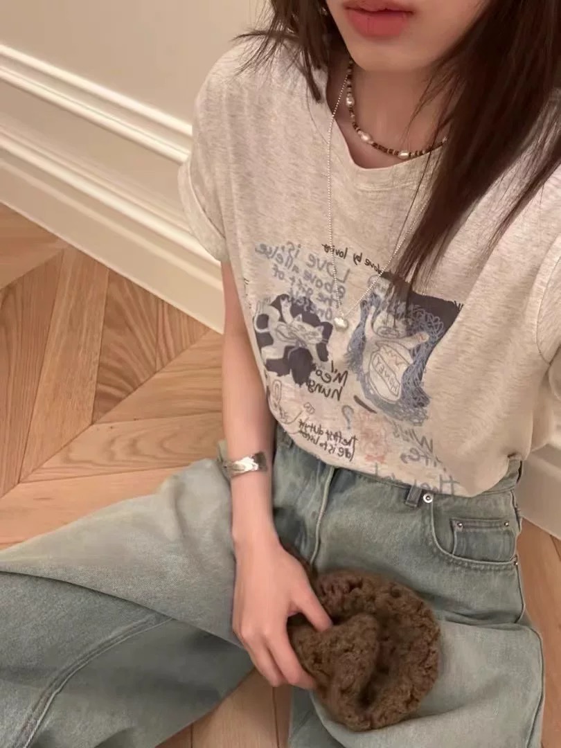 200g combed and tight spun in 2025, pure cotton back bag strip, spring and summer loose shoulder printed short-sleeved T-shirt