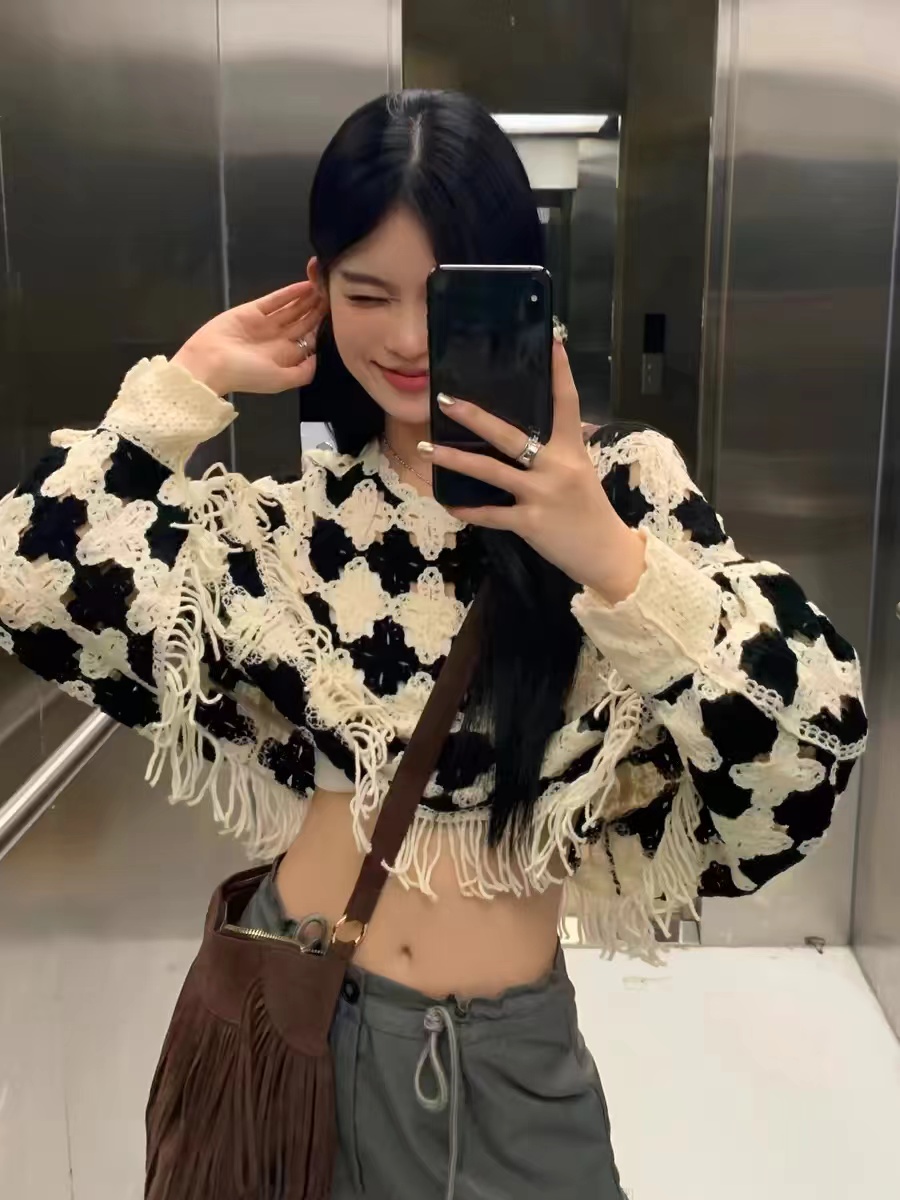 Retro loose hook pullover hollow long sleeve hooded shirt autumn design sense tassel short knit sweater for women