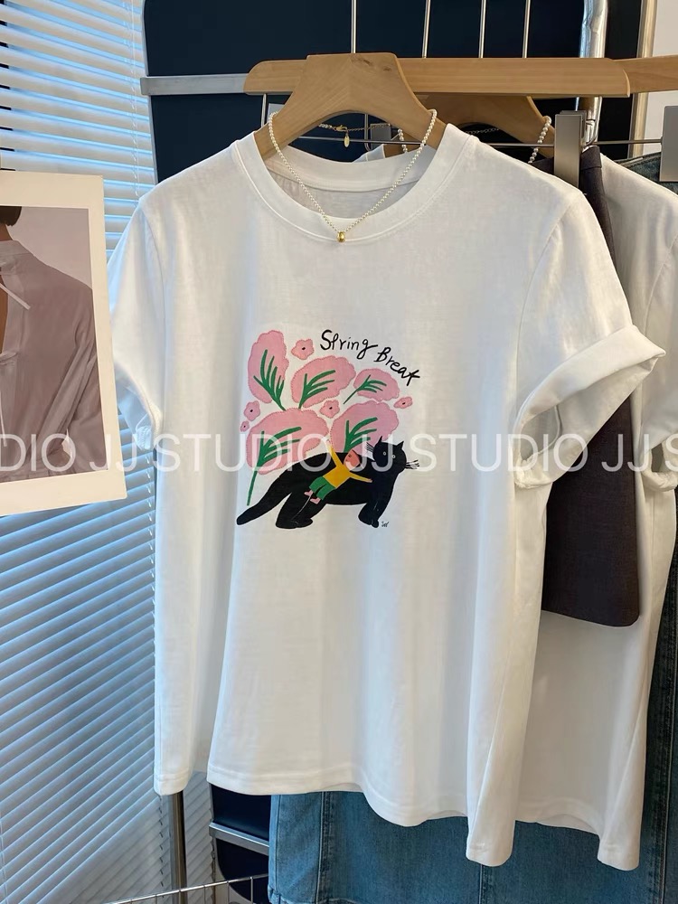 200g combed and tight spun in 2025, pure cotton back bag strip, spring and summer loose shoulder printed short-sleeved T-shirt