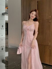 實拍性感V領荷葉邊花邊飄帶開叉顯瘦吊帶連衣裙長裙女