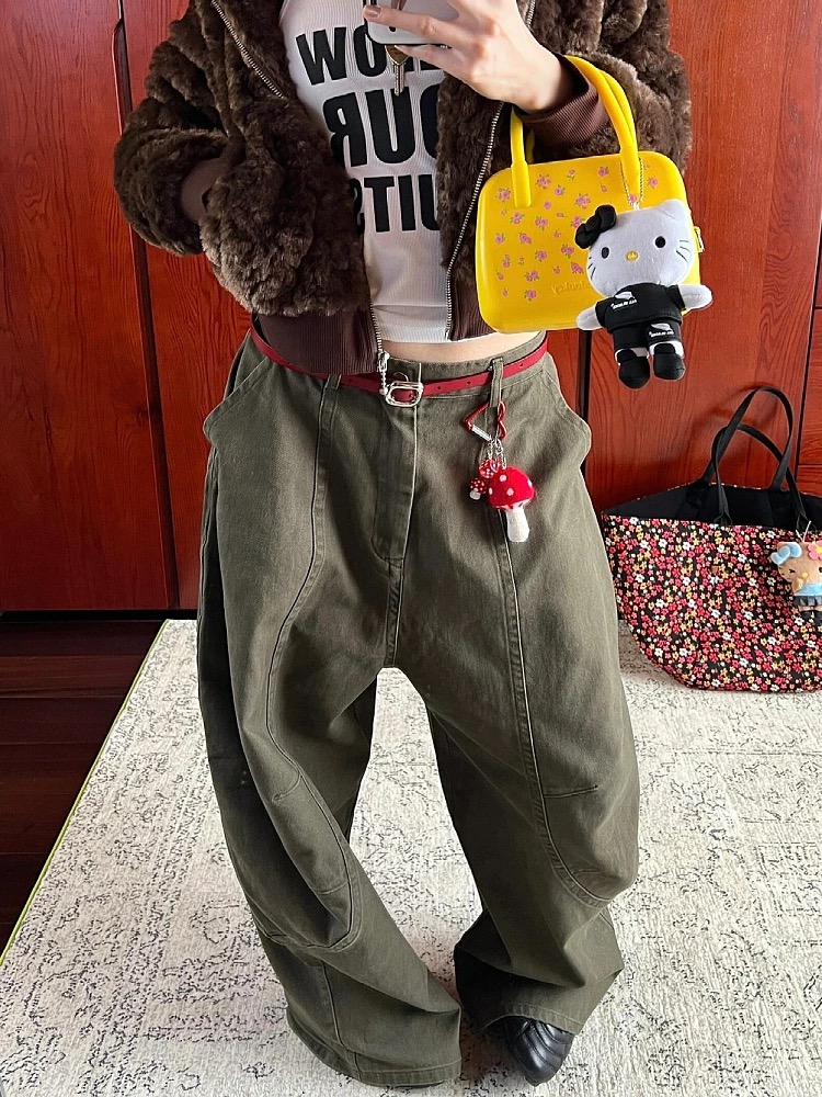 American retro military green work clothes jeans for women's design feel loose and lazy style silhouette scimitar wide-leg trousers