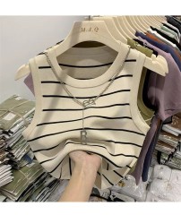 Pure and sexy hot girl style high waist navel exposed short striped vest for women in summer new slim fit inner sleeveless