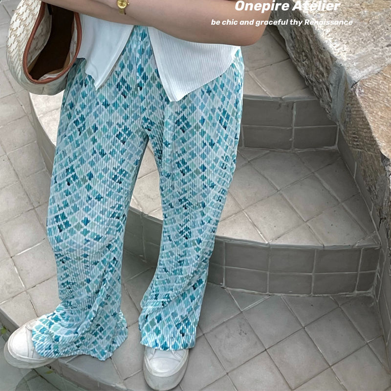 Pleated pants Pink floral wide-leg pants for women's summer new high-waisted slim casual trousers