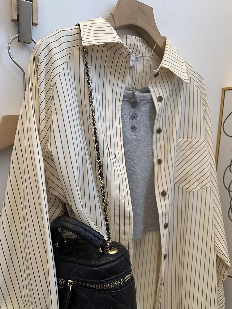Design-sensing hooded hooded long-sleeved striped jacket shirt niche loose casual sunscreen mid-length top