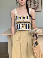 New retro style hollow vest women's hem design niche embroidered suspender vest