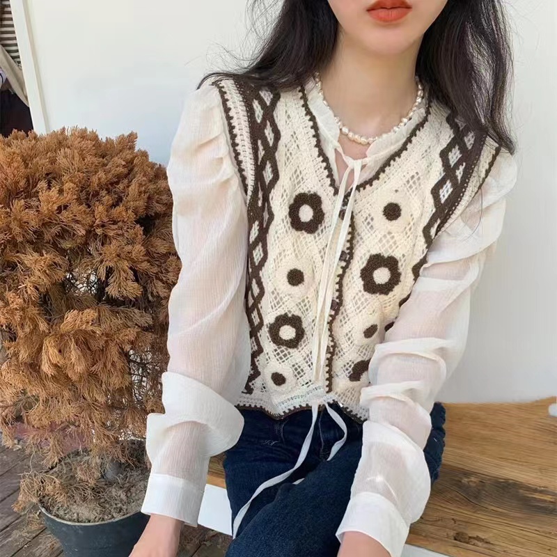 Korean version of knitted horse clip 2025 spring new hollow embroidery short style fashionable and versatile vest