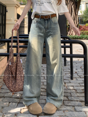 實拍 ~美式復古闊腿牛仔褲女新款高腰顯瘦a字直筒拖地長褲