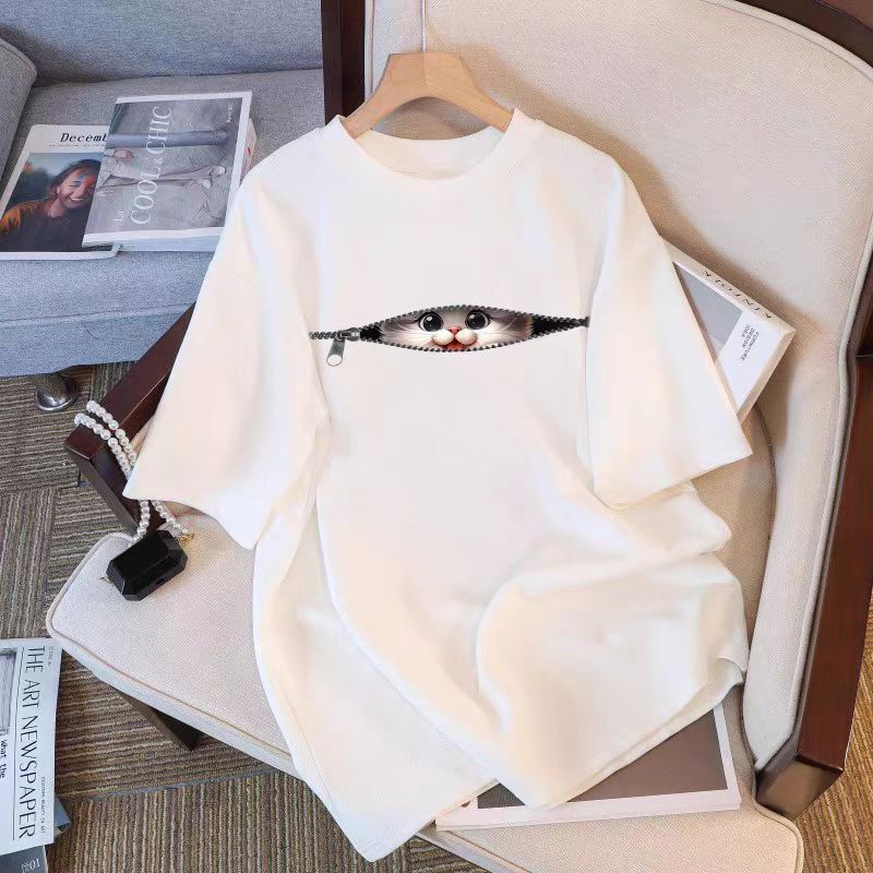 200g combed and tight spun in 2025, pure cotton back bag strip, spring and summer loose shoulder printed short-sleeved T-shirt