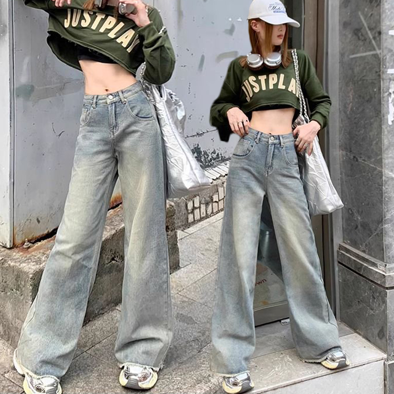American lazy style high-waisted high-waist jeans 2025 women's spring and summer wide-leg versatile slim straight pants