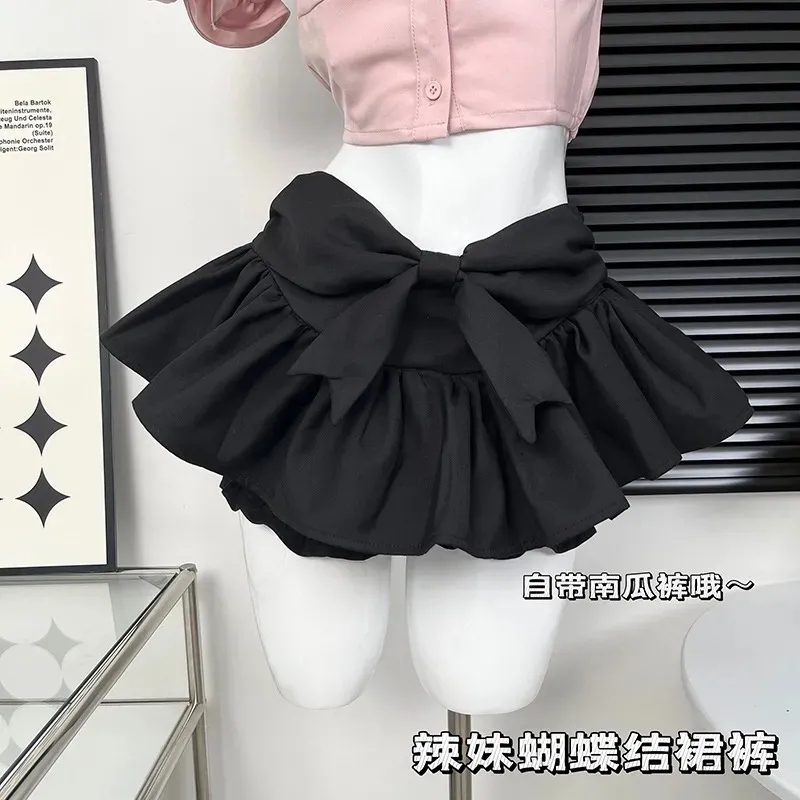 Slim and sweet girl bow trousers skirt spring and summer new simple black skirt versatile fluffy skirt