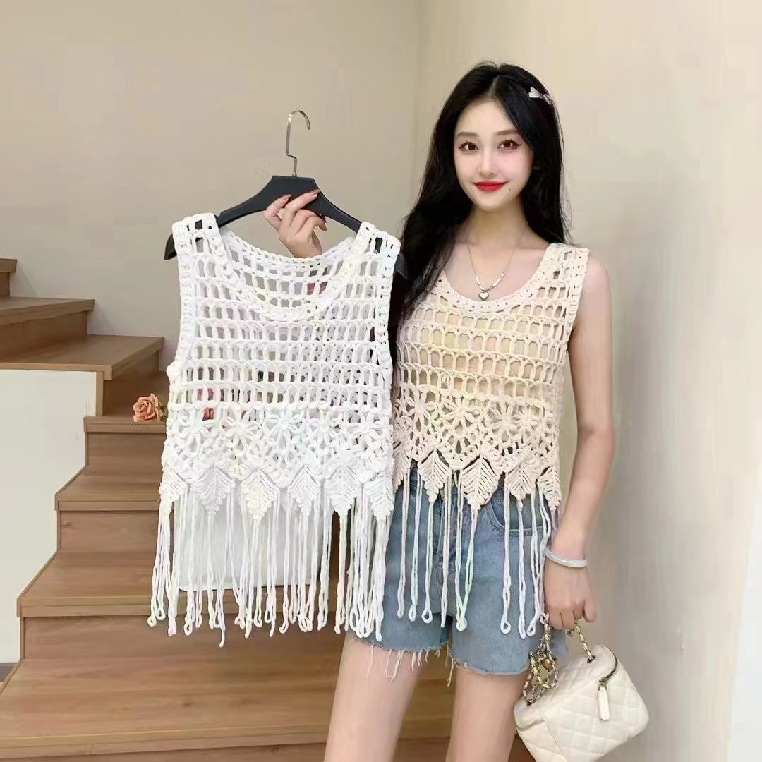 Hollow tassel design versatile outside braided hollow tassel sleeveless vest knitted suspender strap