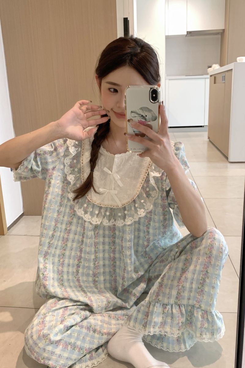 實拍韓版甜美小清新公主風短袖碎花格紋蕾絲短袖家居服套裝