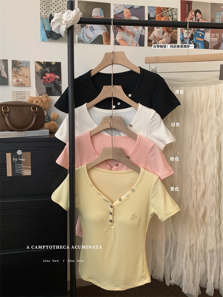 Real shot 25 new pure and sexy V-neck front shoulder short-sleeved T-shirt for female hot girl slim fit breast pad top