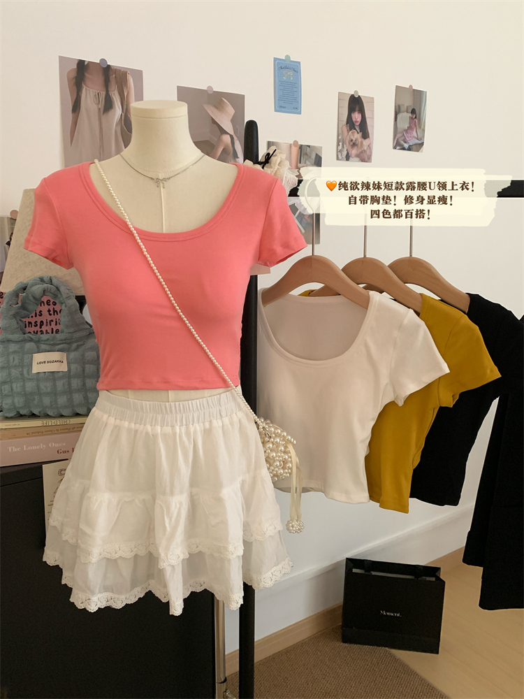 Real shot of 25 years new summer back waist-exposed design sexy hot girl slim short-sleeved T-shirt for women