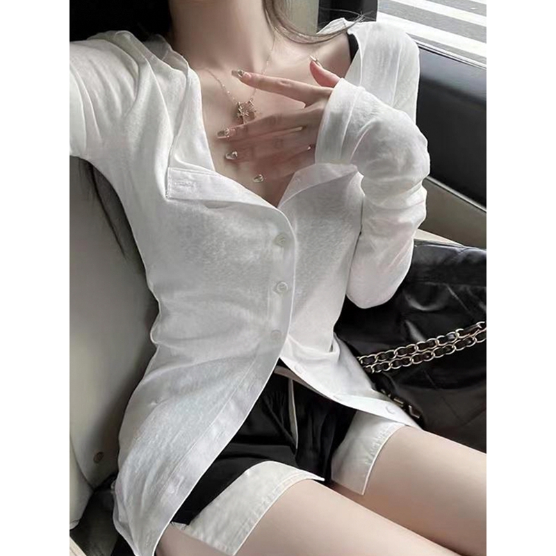 Pure style waist-hugging and slim long-sleeved shirt for women's autumn new breathable and versatile sunscreen cardigan top thin T-shirt