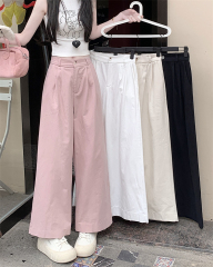 Real shot ~ Spring and summer new Korean version loose high waist elastic simple commuting casual and versatile wide-leg trousers