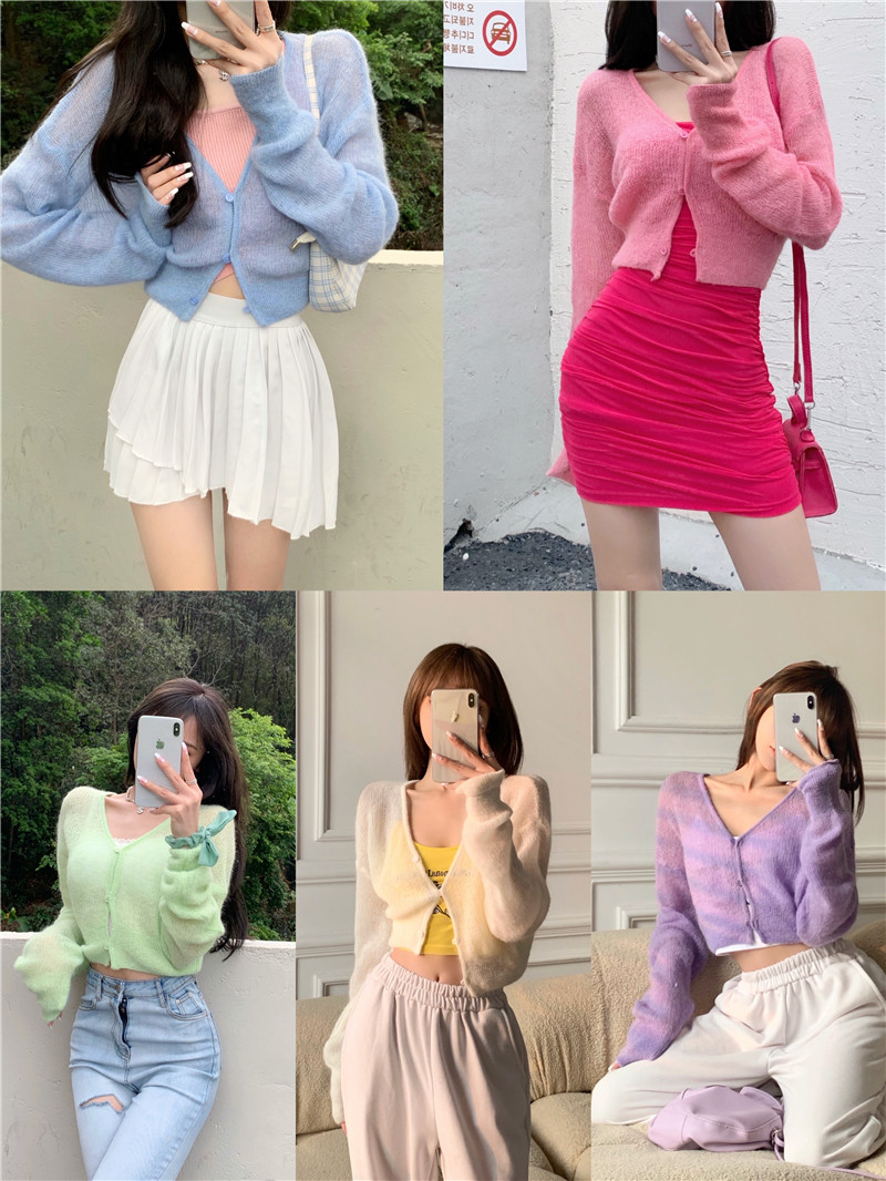 Real shot of 2025 new candy color summer short V-neck mohair top personality simple sweater cardigan