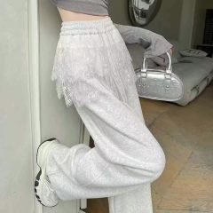 Ballet style lace spliced ​​butt curtain wide-leg pants for women in spring and summer small high-waist drawstring loose casual sports sweatpants