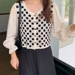 New summer retro plaid cardigan short fake two-piece spliced ​​long-sleeved shirt v-neck top trendy