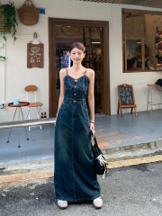 實拍  復古吊帶抹胸牛仔連衣裙女夏季新款收腰顯瘦長裙
